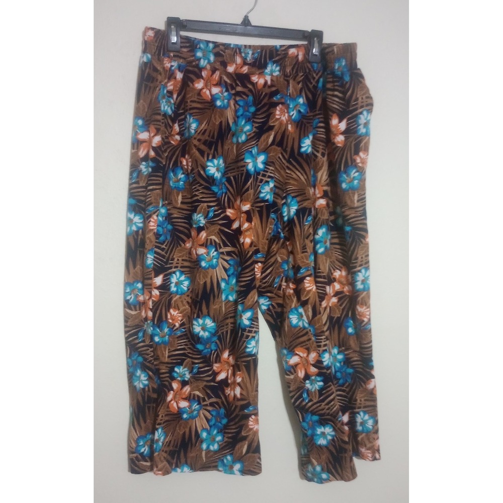 Lands End Tropical Floral Print Crop Pants Womens Large 14-16 Wide Leg Elastic